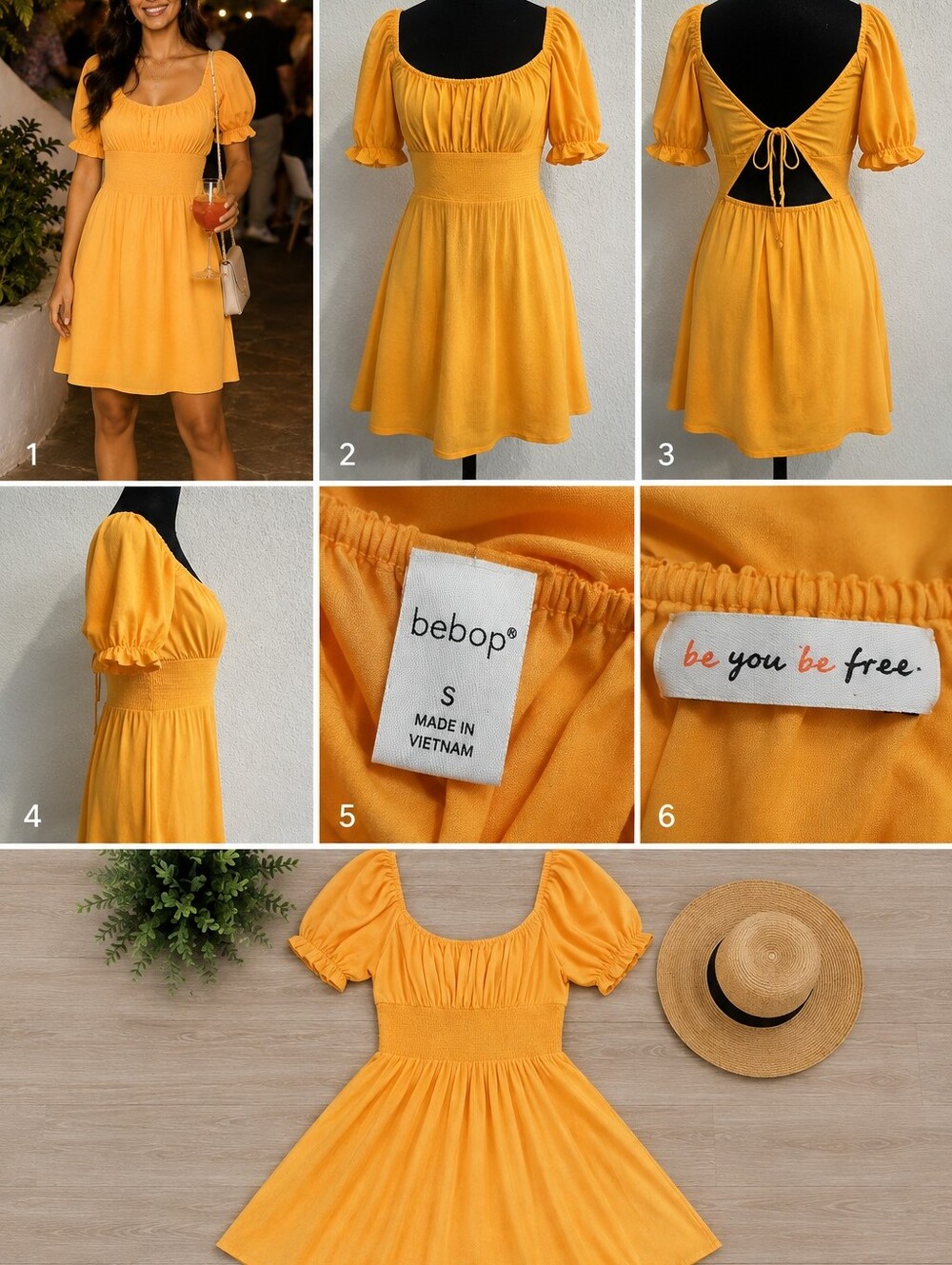 Vintage-Inspired Bebop be you be free Womens Yellow Dress With Puff Sleeves